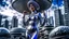 Placeholder: woman in a silver catsuit with circuitry, standing in a futuristic alien city holding a parasol shaped like a mushroom with tentacles