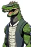 Placeholder: Anime man side character with dark , hybrid with dinosaur,small muscles, aged 30, wearing a dinosaur superhero suit but the head is human