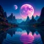 Placeholder: A breathtaking double exposure scene showcasing a vibrant alien planet. Towering moons dominate the sky, their surfaces glowing with vibrant hues of purple, teal, and gold. The massive celestial bodies are reflected in the serene waters of a lush valley, creating a mirror-like effect that amplifies the otherworldly beauty. Surrounding the valley are towering rock formations with vivid, alien plant life glowing softly in the twilight. The water ripples gently, distorting the reflections, adding a