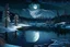 Placeholder: Night, Moon, distant mountains, pine trees, lagoon, lagoon reflections, winter, ice, snowy land