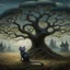 Placeholder: a painting of a cat sitting in front of a tree, a storybook illustration by Gediminas Pranckevicius, featured on deviantart, gothic art, ominous vibe, storybook illustration, dark and mysterious