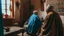 Placeholder: Two fifty-year-old people in traditional Moroccan clothing are discussing in the room of a Moroccan house, with only their backs visible