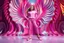 Placeholder: beautiful lady with todays modern clothing and sport shoes, in surreal stage made of 3d fractal random size recursive objects with helical strip colors in clothing similar to environment full body dancing to camera,animating background metallic random color and size recursive objects