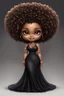 Placeholder: create a digital airbrush image of a chibi curvy black female wearing a black maxi dress and black sandals. Prominent make up with brown eyes. Highly detailed wild tight curly afro.