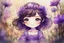 Placeholder: double exposure, merged layers, painted and burned burlap, cute chibi contented brunette anime purple flower princess in a flowergarden, melting watercolor and black ink outlines on wet paper, soft, shading strokes, in sunshine, ethereal, otherwordly, cinematic postprocessing, bokeh, dof