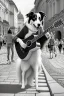 Placeholder: One single mature border collie, playing guitar in the street , Vienna, friendly, sunny day, model style, hyper realistic, extremely accurate, delicate, extremely detailed, Graphic novel style, wide-angle, open aperture, superfine pencil