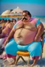 Placeholder: full figure shot photography of a serious ugly burly chubby strong turkish 51 years old with traditional pants, sells colored pareos on a crowded beach, mustache, sitting on a beach chair, sunligh, photorealistic, 35mm lens, side light, ambient occlusion