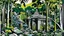 Placeholder: A dark green jungle with a ruined temple painted by Roy Lichtenstein