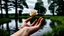 Placeholder: a young woman's hand planted a white rose stem in the ground, in the background a lake, some green trees, ultra detailed, sharp focus, perfect hands with five fingers, perfect photo