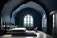 Placeholder: arched ceiling modern minimalist navy bedroom