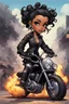 Placeholder: Create a comic book art illustration of a chibi cartoon full figure black female riding a sports motorcycle. She is wearing tie dye and black tights with biker boots. Prominent make up with log lashes and hazel eyes. Extremely highly detailed black shiny wavy hair up in a messy bun. Background of smoke surrounding her and the bike and she's at a bike show.