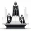 Placeholder: Create a beautiful illustration that showcases Darth Vader, adorned in his iconic black cape, standing triumphantly on the highest Olympic podium as the undisputed champion. Flanking him on two lower podiums are two white-clad Stormtroopers, looking sullen. Set this scene against a white background.