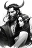Placeholder: Sketch, Beard, dark hair, demon prince, horns, handsome, mysterious, gentle, embracing a beautiful woman with long dark hair