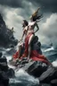 Placeholder: dramatic digital illustration, hyperrealistic modern reimagining of the elegant yet sinister Sirens of Greek lore sitting on craggy rocks in middle of a rough ocean singing ships to destruction, color pop, dramatic, complex contrast, dynamic composition; masterpiece, repoussoir,