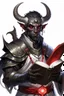 Placeholder: En Young male black skin tiefling fra dnd holding a book with Arcane Magic in a silver and White Rope. His horn a perfectly place on acet from the front to the back pointing upwards with glowing Red cat Eyes