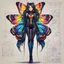 Placeholder: full body portrait illustration , long hair, with detailed blueprints and engineering schematics of a walking hybrid Madagascan sunset moth insect girl, in anime style, with highly detailed facial features, drawings, and technical notation, 8k, vibrant natural colors, tight bodysuit