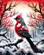 Placeholder: Create the silhouette of a cardinal in containing Double Exposure, a frosted berry woodland at sunrise; delicate branches form feather patterns, soft crimson highlights against snow-white textures, refined Christmas elegance. Background is black with many large snowflakes.