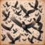 Placeholder: Hyper Realistic sketch of Lots-of-Koel-Birds Flying on a vintage paper