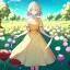 Placeholder: anime girl holding on to a dried dandelion flower and blowing the dried seeds into the air as the wind carries them away. outdoors scene.anime girl standing in a meadow of flowers. thw wind is blowing flower pedals into the wind. girl wearing yellow dress. more emphasis on seeds floating in the air. lots of seeds floating the air. lots of flower pedal floating the air behind the girl