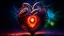 Placeholder: A shrunken human heart, with a demon eye bound in the center with hair and copper wire, diffused glow, colorful, dark fantasy, Hyperrealistic, splash art, concept art, full shot, intricately detailed, color depth, dramatic, wide angle, side light, colorful background, Professional photography, bokeh, mystical lighting, canon lens, shot on DSLR 64 megapixels sharp focus.