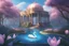 Placeholder: a magical crystal flower lys bougainvillier, blue gold dome house in the woods, magnolias pink, blue lake,sun,white swans, pink vertical, blue lake,sharp, vines, candlelit, endor, ornate, elegant, highly detailed, artstation, concept art, smooth, sharp focus, illustration, 8k, splash art, wallpaper, key visual