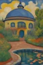 Placeholder: Dome house with English Garden and Koi Pool; Post-Impressionism in the style of Van Gogh; Hundertwasser; Cezanne; Gauguin.