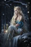 Placeholder: Elven princess,elven crown,long blonde golden hair,rapunzel hair,ice flowers,beautiful,light blue,dark blue,golden armor,sparkle,glitter,ice flowers,snow,elven ears,dark fairy princess