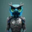 Placeholder: Anthropomorphic blue owl, big green eyes, lots of details, portrait, finely detailed armor, cinematic lighting, intricate filigree metal design, 8k, unreal engine, octane render, realistic, redshift render