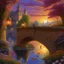 Placeholder: A picturesque stone bridge, adorned with intricate carvings and vibrant flowers, spans a calm river during a golden sunset. Vintage street lamps with blooming vines cast a warm glow, creating a romantic atmosphere. The sky transitions from deep oranges and purples near the horizon to soft pinks and blues above. The scene exudes serenity, with the distant sounds of birds and rustling leaves, set against rolling hills covered in lush greenery.