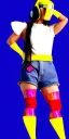 Placeholder: Asa Akira, thick thigh, thick calves. Bar/balk at right showing Fashion colors in 2023! Futurism, 90's, daft punk around the world,details,.Mantle is sewed of recycled Denim and sewed together felt pieces.Big headphones, with gold rings, is merged with small felt cap with small visor. A bag is integrated to the mantle. Big camouflage Patterns are composed of orange, cream, cobalt blue, lilac and purple. LATEX (blue). It is with big bright purple felt hood, tippet, Apricot Crush, cyan, light gre