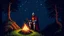 Placeholder: A knight sitting near campfire alone in a dark forest at night on top of a hill, pixel-art. Dark, medieval, fantasy, magical. Inspired by dark souls, game of thrones, and lord of the rings. You can see a starry night sky. The knight should be off centered.