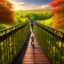 Placeholder: gertrude, on a bridge through the seasons, hills and trees, motion blur, 8k, downlight, soft light, depth of field, photorealism, trending on art station, lotsa detail