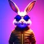 Placeholder: pixar style anamorphic cute rabbit baby, smiling, cyberpunk headphone, sunglass, gangsta gold neckless, full body, magenta puffer jacket, manila city backdrop, dramatic lighting, hyper realistic, unreal engine 5, 16k