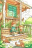 Placeholder: kids illustration, Cats on the porch, cartoon style, thick lines, low detail, water color shaded