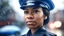 Placeholder: African American woman working as police officer or cop, closeup portrait, blurred city background, rainy atmosphere. Generative AI