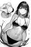 Placeholder: slim girl in a bikini floats in the water, top view, greyscale