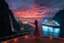 Placeholder: A modern city at the foot of the mountain. The entrance valley with a waterfall from a high rock.and huge sea with a very big ship in it, A beautiful lady dancer showing her performance in a poen stage on deck of ship in a top and midi skirt. at night ,dynamic color turnning lights