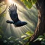 Placeholder: Hyper Realistic photographic-view of Koel Bird Flying outside a thick old tree inside a jungle with sunlight-rays showing dramatic & cinematic ambiance