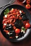 Placeholder: shocking bloody Guillotine magazine cover: A dark squid ink pasta served with a rich, red tomato sauce and spicy Italian sausage.