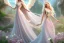 Placeholder: castle in background, beautiful, soft, big smiling, straight and long blonde hair, dewy and shiny atmosphere, diamond crown, long fairy wings in the back, full head, pink veil clothes