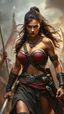 Placeholder: In a cinematic scene, a powerful woman warrior with a tall and athletic build strides confidently into battle. Her beauty radiates from her fierce expression and strong, muscular form. The image is a highly detailed painting that captures the intensity of the moment. Every aspect of the warrior is meticulously depicted, from the gleam of sweat on her brow to the determination in her eyes. The scene is infused with a sense of epic grandeur, immersing viewers in the thrilling spectacle of a warrio