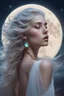 Placeholder: back arched over moon, gorgeous ethereal goddess female, looking down, opal piercings, beautiful face, mesmerizing eyes, smooth translucent skin, transcendental, wind in hair