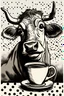 Placeholder: Illustration of a portrait of a cow drinking a cup coffee and looking at the camera. Polka dots in the background. by goya