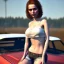 Placeholder: happy cute chick sitting on roof of a car portrait, wreckfest, spectacular graphics, unreal