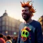 Placeholder: Ultra Realistic photo, medium shot view, drunken sweet jumper Spanish man, carnival scene, monster hair, steampunk style. Yellow hair, confeti, smile, happy, festival, ovnis, gradient color fog. highly detailed, concept art, unreal engine 5, ray tracing, RTX, lumen lighting, ultra detail, volumetric lighting, 3d, finely drawn, high definition, high resolution.