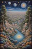 Placeholder: Armenian Knitted Tufting Tapestry misty Matera forest Village on the river Hills Starry Night Spring pastel color Dreams, by Paul Laffoley oil painting