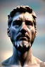 Placeholder: Ultra Realistic image, classical renaissance sculpture, white marble material, Lionel Messi, emperor, gold Laurel leaves crown, miguel angel style, chisel style, emperor, waist up portrait, epic, celestial, cinematic lighting, God light, god rays, 4k resolution, smooth details, ornate details, soft lighting, unreal engine 5, sky background.