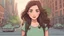 Placeholder: Cartoon style pixar style woman with medium length brown hair and green eyes in new york city, in the style of soft dreamy pastel palette, pastel - colored scenes,