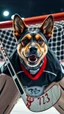 Placeholder: yorkton terriers hockey goalie in front of goal, with the head of an angry tarrier dog