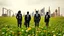 Placeholder: silhouettes of modern business people in a flowery green field, the silhouette is pasted with early 20th century black and white photos of damaged grainy, smoky, dirty industrial estates and business people covered with colorful financial graphicons